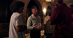 Dark, wine cellar and people with sommelier for tour, conversation and winemaking process education. Winery owner, clipboard and group with discussion for knowledge, holiday activity and learning.