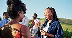 Friends, laughing or discussion in vineyard with wine for summer holiday, joke or bonding together. Countryside, winery tour or people in nature with grape vines, alcohol drink or funny conversation.