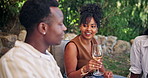 Wine tasting, woman and talking to friends in nature for funny chat, social event and bonding. Listening, happy people and relax with alcohol outdoor for summer reunion, gathering and weekend break