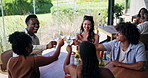 Laugh, friends or cheers for wine tasting at restaurant with social event, experience or appreciation. Bonding, people or drinks toast at vineyard outdoor for weekend activity, celebration or reunion