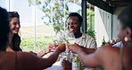 Happy people, friends or wine tasting with cheers for social event or gathering in restaurant. Excited, group or toast with glasses for hospitality, reunion or fine dining together at indoor vineyard