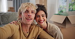 Influencer, live streaming and face of couple in new home excited for moving in, property or purchase. Homeowner, marriage and pov portrait of man and woman for blog, social media or online post