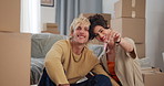 New home, boxes and face of couple with keys for moving in, property purchase and relocation. Homeowner, love and portrait of happy man with woman with keychain for house, real estate and mortgage
