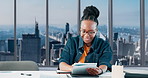 Creative, woman and tablet with notebook in office for article schedule, story facts and research. Journalist, black person and happy with tech in newsroom for publication planning and editing draft