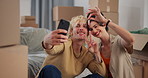 New home, selfie and couple with keys, smile and bonding together with peace sign. Rental apartment, man and woman with profile picture, excited and property investment with memory and real estate