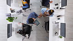 People, team and tablet at call center, discussion and above with review for customer support. Man, woman and consultant with tech, app and talk for feedback with advisory service at insurance agency