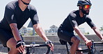 Exercise, cycling and men on bicycle in city for fitness, training and workout for endurance. Sports, outdoor and people on bike for competition, race and challenge for travel, wellness and health