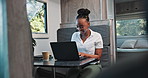 Laptop, reading and smile with black woman in caravan for digital journal of holiday or vacation. Computer, relax and typing with happy African person in RV for adventure, planning or road trip