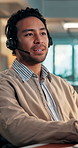 Businessman, agent and talking with headset for online advice or consultation at call center. Man, employee or consultant with explanation on computer for customer service or tech support at office