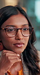 Media agency, thinking and woman with glasses, reading and ideas for news report. Person, copywriting or journalist with eyewear, choice or reflection with deadline, submission or editing for article