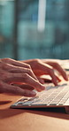 Typing, night or hands in office with keyboard, draft edit or source feedback for article. Digital report, man or journalist in agency with tech, blog update or industry research in overtime.