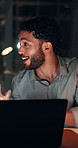 Man, laptop and meeting at night in office for project, review or deadline for media company. Team, discussion and smile with feedback, planning and process for online article at creative agency