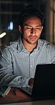 Night, man and tired with laptop in office from burnout, article editing and overworked on story. Media agency, journalist and brain fog with tech from mental fatigue, proofreading deadline or bokeh
