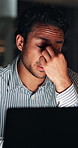 Man, eye strain and laptop at night in office with headache, glasses and stress at media company. Person, writer and migraine with computer, vision fatigue or overtime with burnout at creative agency