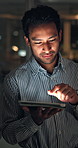 Night, scroll and business man on tablet in office for financial report, budget planning and research. Corporate, working late and person on digital tech for website, finance review and investment