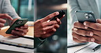 Business people, hands and series with phone, typing and email for collaboration in office. Closeup, corporate employee and collage with technology for internet research, scroll and online project