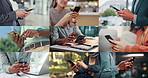 Hands, typing and people with cellphone, composite and digital app for communication. Closeup, mobile user and smartphone with social media, scroll and connection with network, website info or email
