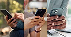 Hands, smartphone and people with internet, composite and digital app for communication. Closeup, mobile user and cellphone with social media, scroll and connection with network or email notification