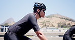 Sports, cycling and men on bicycle in city for fitness, training and exercise for endurance outdoor. Town, helmet and people for competition, race and challenge for workout, wellness and health