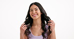 Face, happy and woman in studio with hair care, salon and keratin treatment on mockup space. Smile, confident and female person with luxury grooming, beauty and natural cosmetic on white background