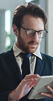 Corporate, online and business man on tablet in office for finance report, proposal and research. Professional, investment and person on digital tech for financial review, website and planning