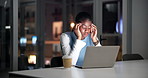 Night, black woman or laptop in office with headache for deadline pressure, marketing plan or report. Late, tired person and migraine with computer for advertising project, research or overtime work.
