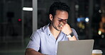 Night, tired man or laptop in office with headache from eye strain, marketing workload or fatigue. Late, exhausted person or migraine with computer, advertising project or campaign deadline pressure.