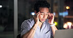 Night, man and laptop in office with headache from burnout, marketing campaign crisis and fatigue. Late, exhausted person and migraine with computer, advertising project stress and deadline pressure.