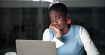 Night, black woman and laptop in office with fatigue for deadline pressure, marketing plan and report. Late, tired person and frustration with computer for advertising project, research and workload.