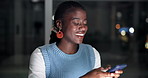 Happy, black woman or night with phone for social media, network or chatting in office. Female person, typing or texting with smile on mobile smartphone in late evening for online communication app