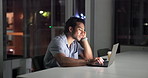 Tired man, night and laptop with stress for project deadline, mistake or fail in office. Exhausted, male person or employee working late on computer with burnout or fatigue for business in workplace