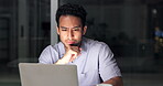 Night, trader or man with laptop in office, market research or asset management for profit opportunity. Space, track investment performance or employee reading report with pc, late or stocks strategy