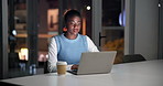 Night, reading or black woman with laptop in office, review market or track investment performance. Late research, forecasting or finance analyst with pc for stock strategy, trend prediction or bokeh