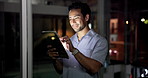 Night, media agency and man in office, tablet and smile with publication, website blog and email. Evening, person and journalist in workplace, tech or research for news report, app and online reading