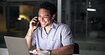 Happy man, laptop and night with phone call in office for online advice, help or discussion. Businessman, consultant or agent talking with mobile smartphone in late evening for virtual assistance