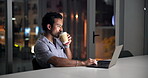 Laptop, night or man in office with coffee, breaking news or industry research for article update. Reading, tech or journalist in agency with cup, live report or review of online story in overtime.