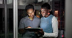 Creative, people and tablet in office at night for research, review headline and story submission. Team, talking and digital for editor feedback, proofreading article and working late for publication
