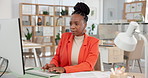 Computer, typing and black woman in office for business, coverage report or reading documents. Technology, insurance broker or person in company with paperwork, review policy or risk assessment email