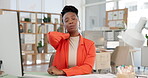 Neck pain, strain or black woman in office with computer, burnout or inflammation in joint injury. Tendinitis, pressure or female person in agency with tech, muscle massage or fatigue in bad posture