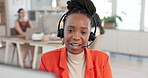 Call center, consultant and woman with headset, explain and typing offer on website or telemarketing. Happy, salesperson and mic for communication with contact, lead generation or sales with computer