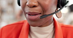 Call center, mouth and woman in office, headset and help desk with communication. Closeup, person and employee in workplace, advice and customer service with conversation, feedback or system solution
