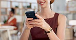 Hands, creative and woman with phone in office for research, contact source and copywriting. Journalist, coworking and mobile for article feedback, confirm interview and texting editor on publication