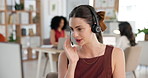 Computer, headset and support with business woman in workplace for consulting, feedback or review. Contact, conversation and pc with employee in coworking office for problem solving or solution