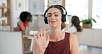 Happy woman, headphones or wave with video call for virtual meeting or discussion in office. Female person, financial advisor or talking with computer for customer service or online chat in workplace