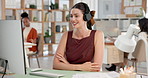 Video call, smile and business woman on computer for conversation, online chat and virtual meeting. Creative consultant, coworking and person with headphones for discussion, communication and webinar