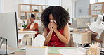 Sick woman, computer or blowing nose with tissue in office for illness, disease or virus. Female person, sneeze or mucus with hayfever, infection or sinus for allergy season or influenza in workplace