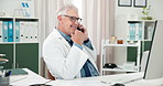 Phone call, man and doctor with computer in office for telehealth, feedback or advice on diagnosis. Telephone, tech and mature male healthcare worker on landline discussion for checkup in clinic.