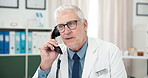 Phone call, man and doctor in clinic for telehealth, feedback or advice on medical diagnosis. Telephone, talking and mature male healthcare worker on landline discussion for checkup in office.