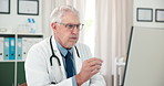 Doctor, computer or man with glasses eye strain in clinic from stress, overworked or telehealth. Healthcare, PC or mature person with vision fatigue in practice from brain fog, burnout and research