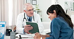 Tablet, consultation and doctor with woman in office for discussion on diagnosis plan. Digital technology, feedback and healthcare worker with female patient for medical support at checkup in clinic.